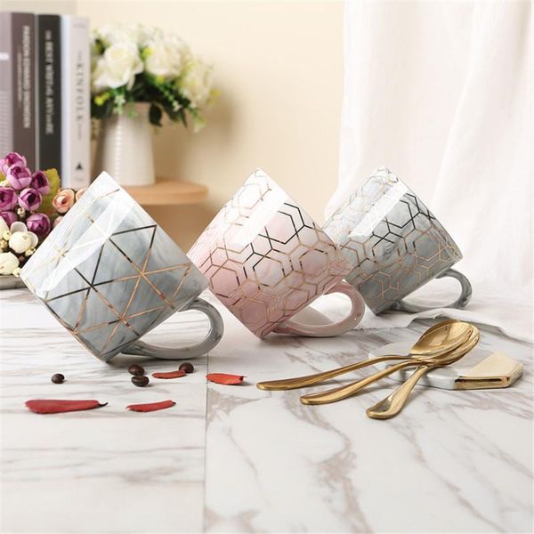 

creative geometry marble ceramic cups and mugs gold plated pink milk coffee breakfast porcelain cup with spoon drinkware 1pc