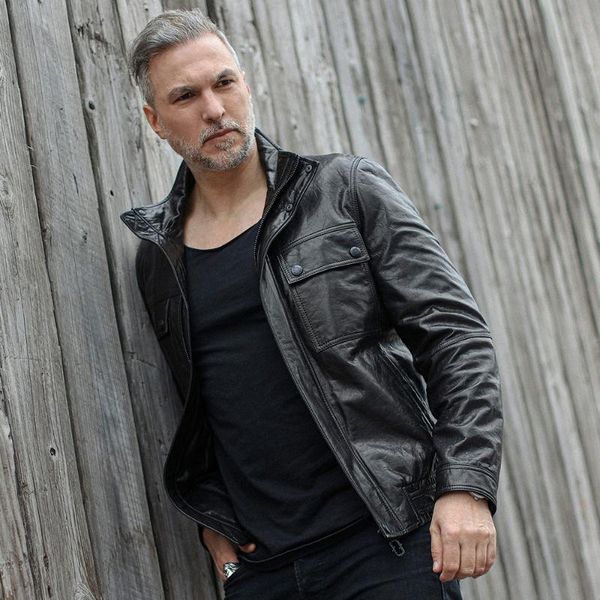 

men's leather & faux chic bomber goatskin jacket, Black