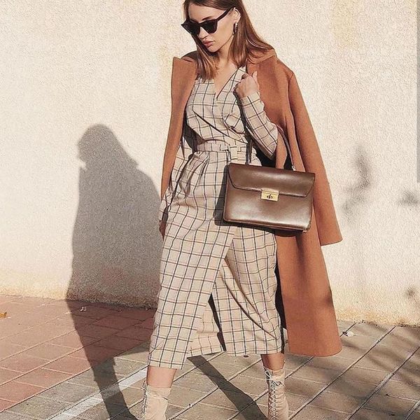 

2021 elegant office lady plaid printed midi a-line sashes deep v-neck fashion women party autumn new koa5, Black;gray