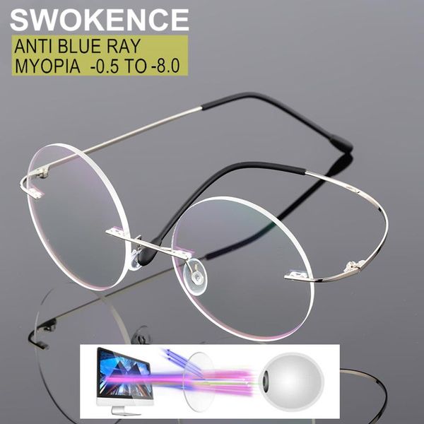 

sunglasses swokence against blue ray rimless prescription myopia glasses -0.5 to -8.0 men women round frame shortsighted spectacles f088, White;black
