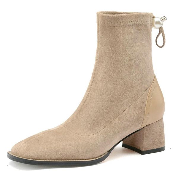 

boots retro square toe women's office patchwork genuine leather thick heels shoes woman autumn winter working basic ankle, Black