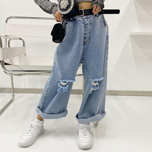 

jeans kids girls oversize holes 8 10 years 2021 spring fashion children outfit, Blue
