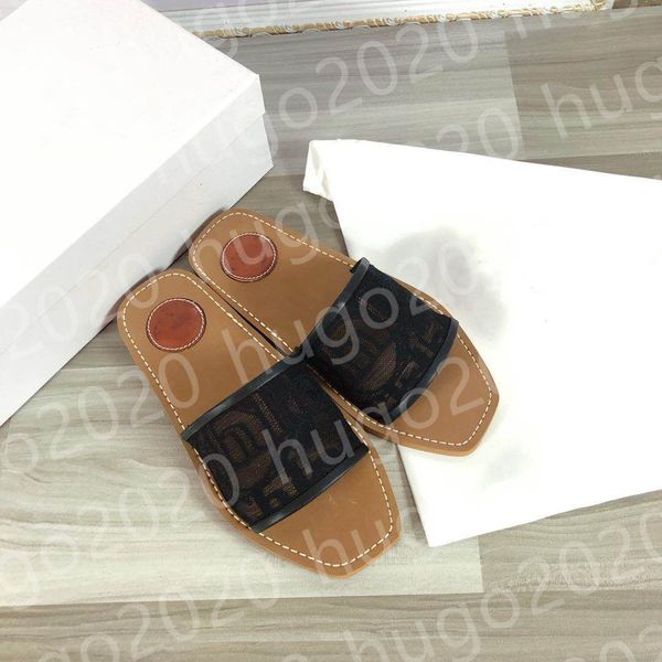 

2021 the latest beach mules flat slippers ladies alphabet fabric outdoor leather sole sandals 02, Black