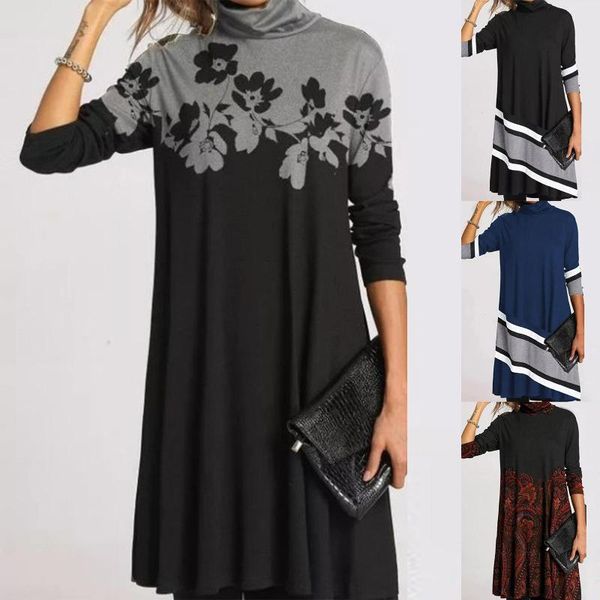 

casual dresses women autumn winter stripes floral print turtleneck long sleeve loose midi dress, Black;gray