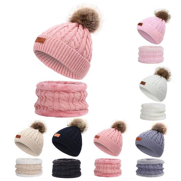 

caps & hats children's winter hat boy girl pompon knitted scarf set beanie cotton warm bib baby twist cap elastic size, Yellow