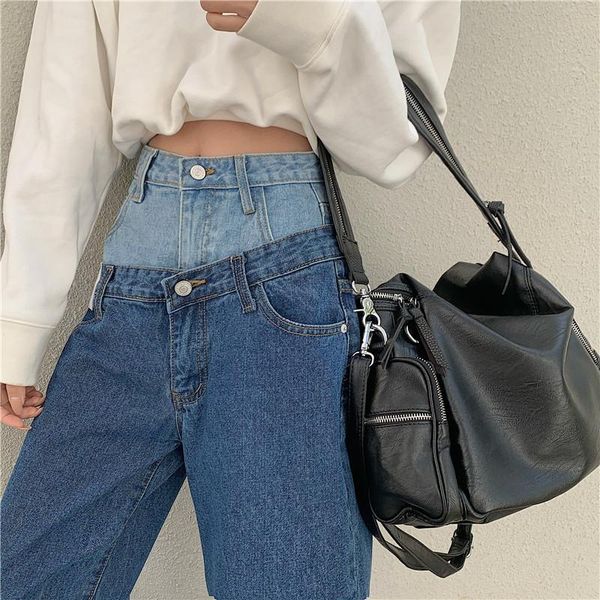 

women's jeans 2021 spring high waist patchwork straight pants chic streetwear female casual fashion for woman, Blue
