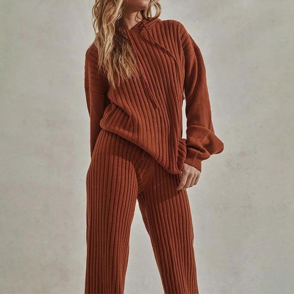 

women's two piece pants knit solid trousers sets with a hood 2021 autumn sweaters hoodies wide leg pant warm 2 set ladies casual home s, White