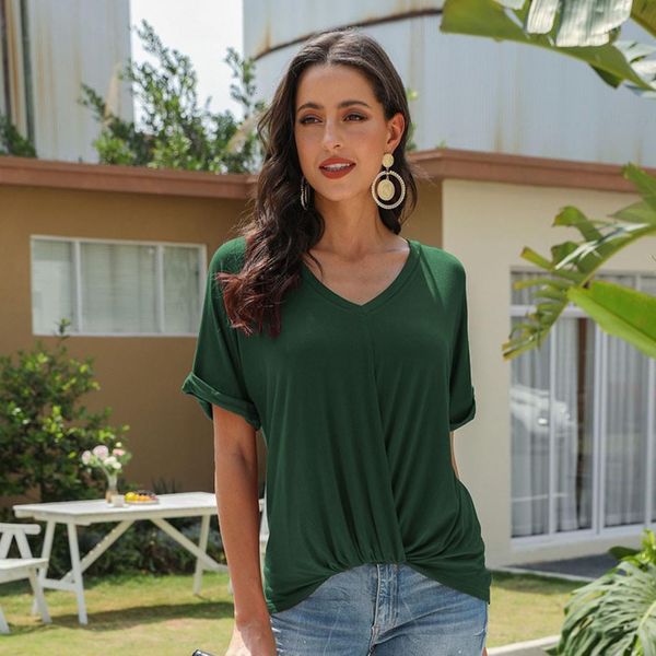 

2021 fashion solid pleated blouse v neck tee tunic casual summer ladies female women short sleeve blusas pullover, White