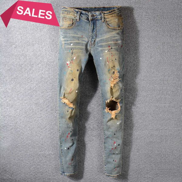 

fashion streetwear retro wash slim fit paint designer ripped men printed pants destroyed hip hop jeans, Blue