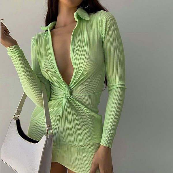 

casual dresses bkld club outfits for women fall 2021 turn-down collar deep v-neck twisted long sleeve bodycon mini dress solid color, Black;gray
