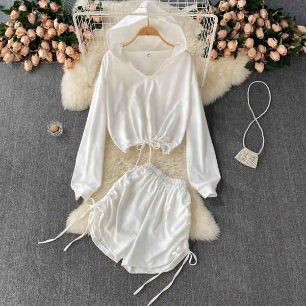 

women's tracksuits casual women two piece set solid hooded collar long sleeve pullover sweatshirt +elastic waist drawstring ruched shor, Gray