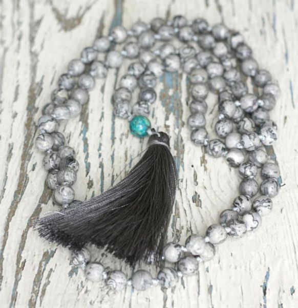 

pendant necklaces grey mala beads 108 necklace prayer yoga jewelry long 8mm marble buddhist gift mens, Silver