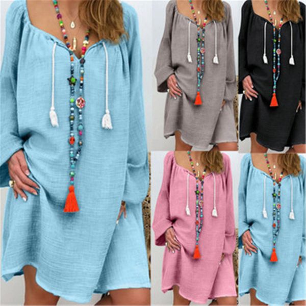 

2021 women's short shirt bohemian new cotton linen lace up fashion loose plus size beach long sleeve es y0bc, Black;gray