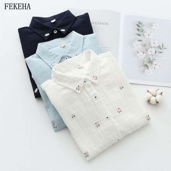 

floral embroidery women office shirts autumn white blouses casual ladies female blusas camisa double cotton yarns clothes 210225