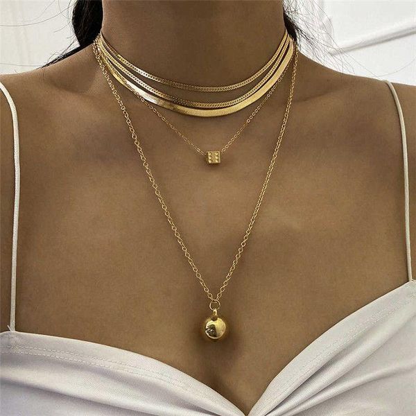 

pendant necklaces punk small ball square snake chain jewelry metal multi layered gold color choker necklace, Silver
