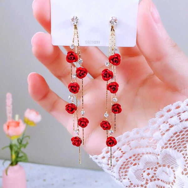 

ladies fashion red rose tassel earrings temperament 925 silver stud earrings gc346