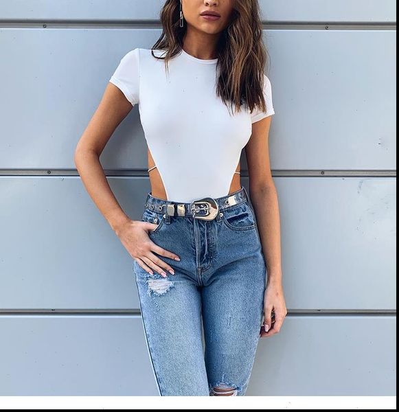 

backless straps jumpsuit simple solid color round neck short sleeve slim shirt 2021 new dropshipping club, Black;white