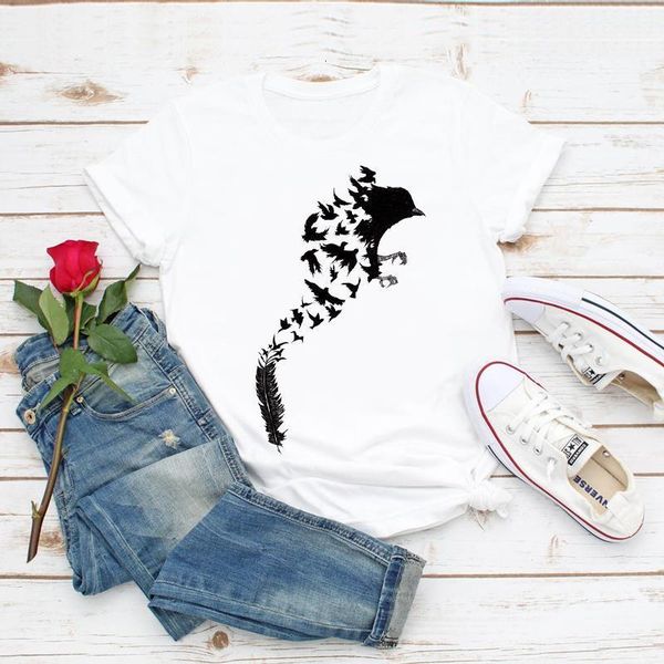 

women fashion bird feather simple lady print clothes summer t graphic shirt t-shirts female ladies womens tee t-shirt, White