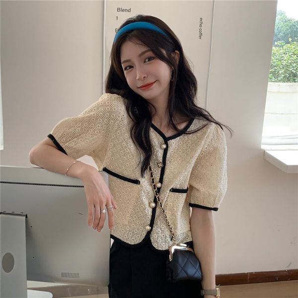 

women's knits & tees shirts women french vintage lovely simple hollow out design girls cropped college all-match summer trendy retro c, White