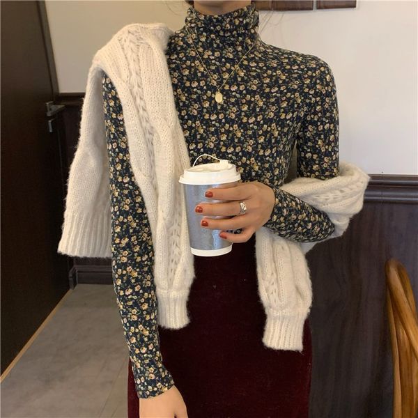 

2021 spring new women print t shirt turtleneck long sleeve slim tee rh8o, White