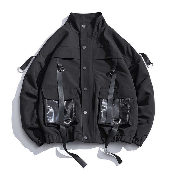 

men's jackets men military coats casual windbreaker ribbons pockets overalls bomber jacket hip hop streetwear man outwear z497 qsdp xpw, Black;brown