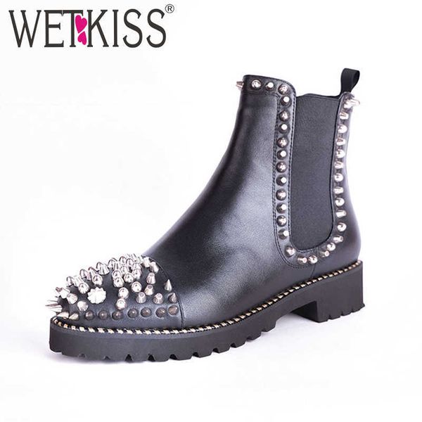 

wetkiss punk stud boots women round toe footwear leather female ankle boot fashion casual thick heels shoes woman spring 210630, Black