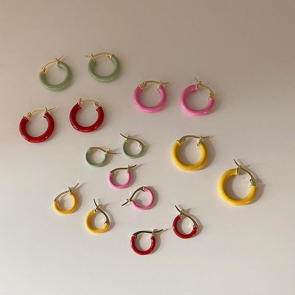 

hoop & huggie vintage multicolor enamel circle metallic earring for women girls minimalist geometrical hollow out jewelry summer, Golden;silver