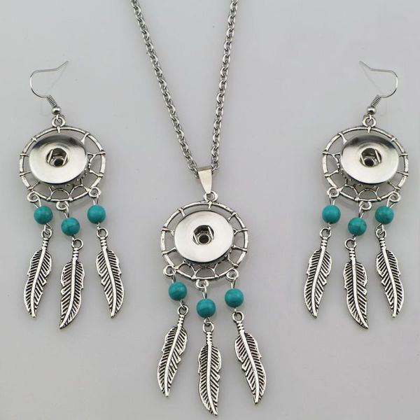 

earrings & necklace wholesale 6sets dreamcacher&feather blue bead bohemian necklaces 18mm snap button pendant earring jewelry set for women, Silver