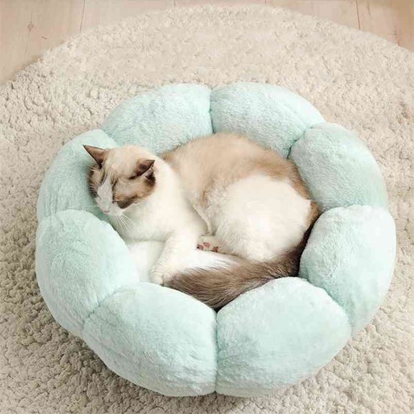 Flor em forma de cama de gato interior acolhedor acolhedor cama ultra macio cesta de cachorro de pelúcia espreguiçadeira aquecida casa auto-aquecendo saco de dormir almofada tapete 210722