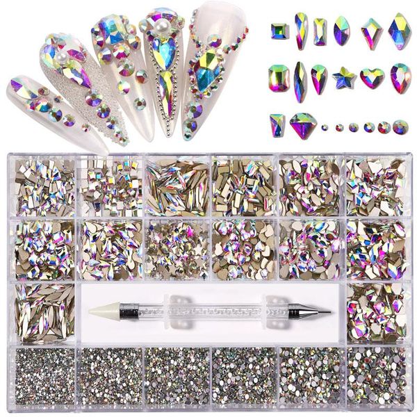 

nail art kits mixed ab glass crystal diamond flat rhinestone decoration 21 grid box nails accessories set with 1 pick up pen