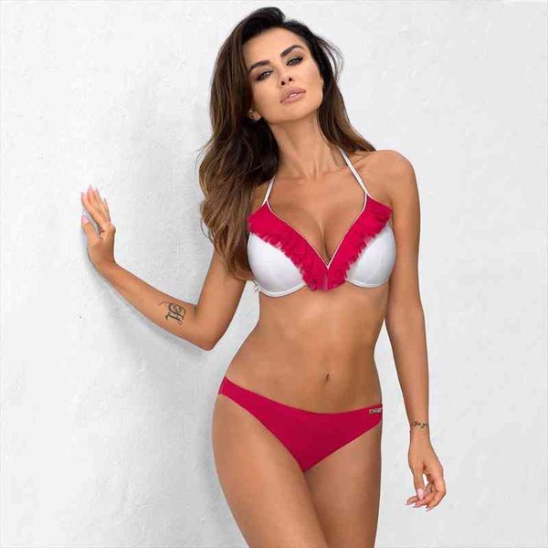 

women ruffle swimsuit low waist bikini sets halter bandage swimwear backless biquini summer beach swim suits s~xxl, White;black