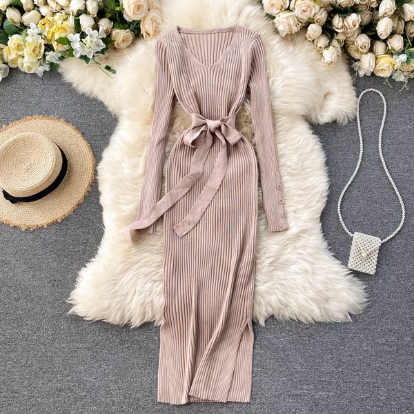 

2021 new autumn winter bodycon women slim long sleeve with belt bandage sweater es ladies knitted midi robe ivs7, Black;gray
