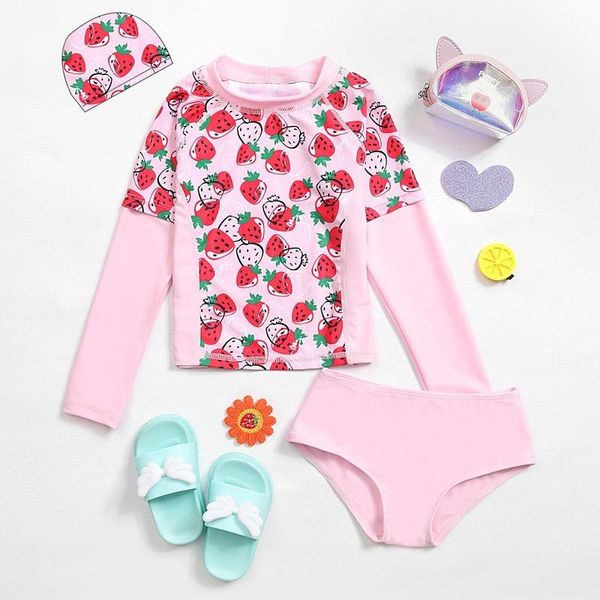 

two-piece suits girl two pieces suit 2-8y children long sleeve sun protection swimsuit 2021 kid cute strawberry print swimwear baby bathing