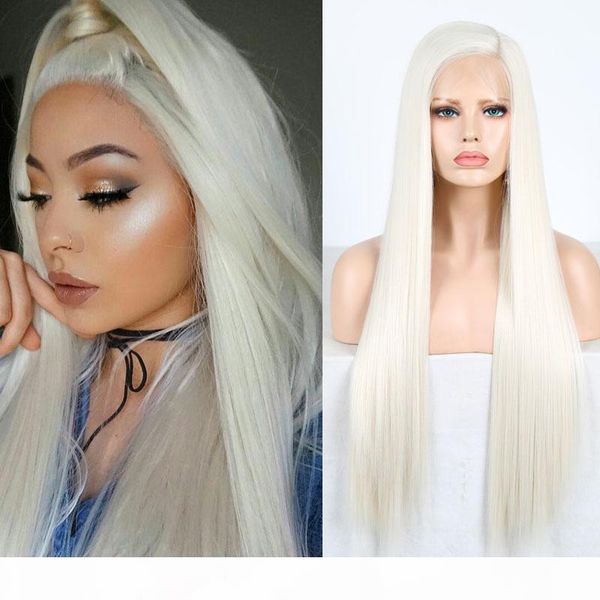 

deep part platinum blonde straight synthetic lace front wigs part glueless heat resistant fiber hair wigs for women, Black