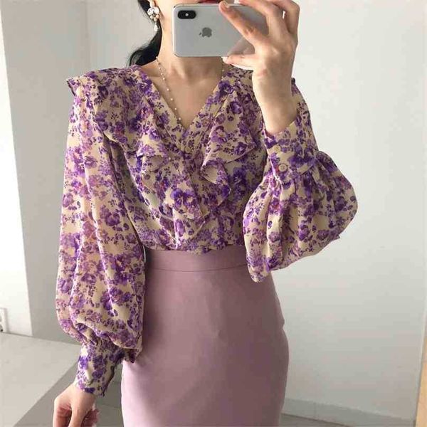 

purple ruffles chic lady printed flowers women streetwear clothe shirts all match blouses 210525, White