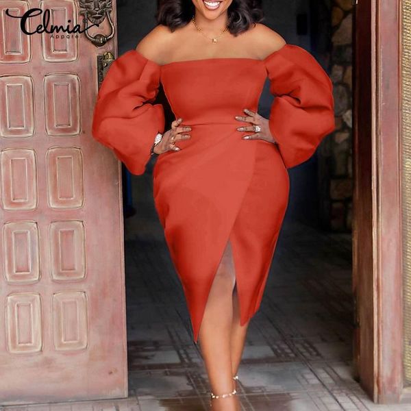 

casual dresses celmia women elegant long puff sleeve dress off shoulder split hem party vestidos solid tight-fit autumn sundress, Black;gray