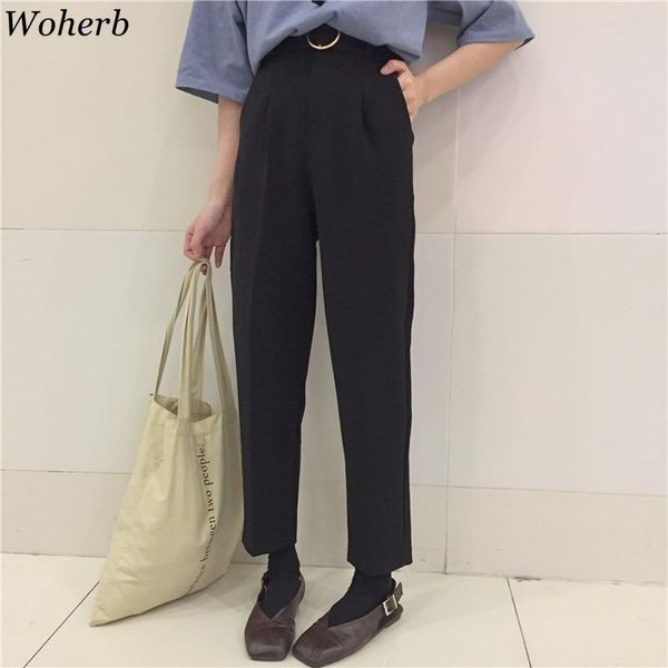 

women's pants & capris woherb ladies trousers casual straight women korean solid office work high waist with belt 2021 womens, Black;white