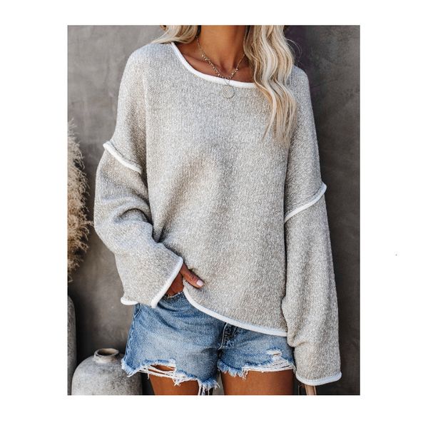 

2021 women autumn new solid color stitching long-sleeved casual round neck loose flared sleeve women's sweater yhoh, White;black