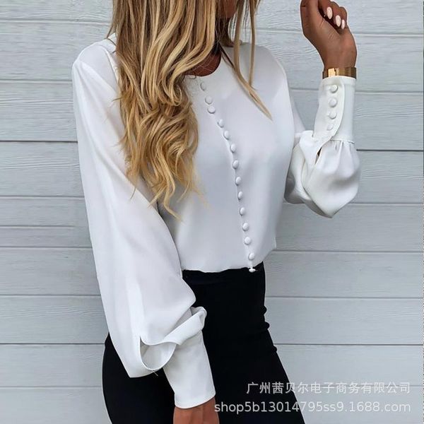 

women's t-shirt spring white lantern sleeve shirt solid color long round neck casual style clothing temperament communte streetwear