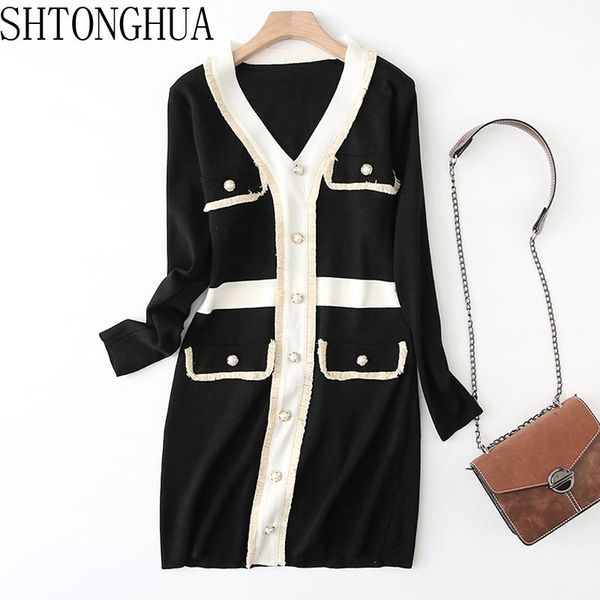 

casual dresses shtonghua fashion patckwork sheath knitting sweater dress 2021 autumn winter v neck long sleeve ladies bodycon pencil, Black;gray