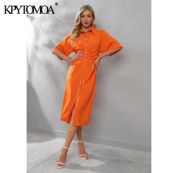 

casual dresses kpytomoa women 2021 chic fashion button-up draped midi shirt dress vintage short sleeve side zipper female vestidos, Black;gray