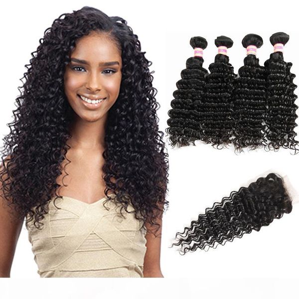 

9a peruvian malaysian indian mongolian brazilian virgin hair bundles with closure deep wave kinky curly human hair with lace closure, Black