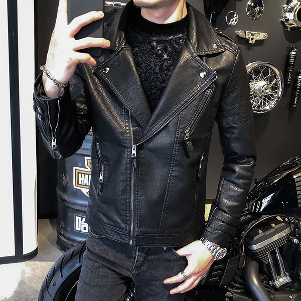 

2021 autumn engine plutonium men's jackets casual fashion outwear zipper turndown collar punk-style motorcycle fake leather jacket eh0h, Black