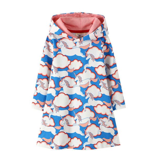 Прыжки метров Единорог Девушки с капюшоном платье облако хлопок принцесса осень зима детские малыши для одежды 210529