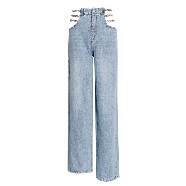 

casual hollow out full length jeans female high waist patchwork chain denim wide leg pant women fashion clothes new, Black;white