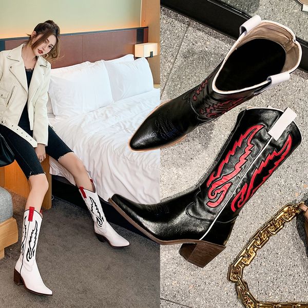 

Retro Western Cowboy Boots for Women Pointed Toe Womens Shoes Brand Embossing Suede Leather Shoes Mid-calf Chunky Wedges Boot, Black