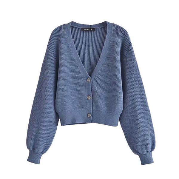 

women's knits & tees solid v-neck fashion sweater lady 2021 single breasted crop women elegant vintage casual outwear jacket female, White
