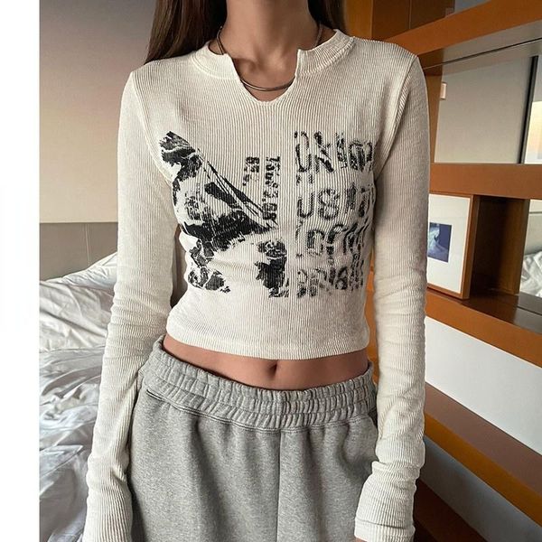 

women's t-shirt vintage letter print long sleeve crop women slim knitted t shirt korean style chic grunge aesthetic streetwear 2021, White