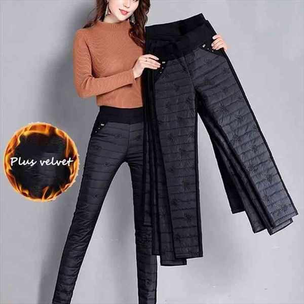

winter thick high waist embroidery trousers women fashion down warm cotton velvet pants mom snow straight large size sweatpants, Black;white