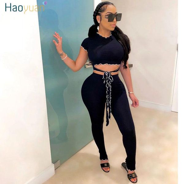 

women's tracksuits haoyuan two piece set women tracksuit summer clothes lace up crop pants club birthday outfits bodycon matching s, Gray